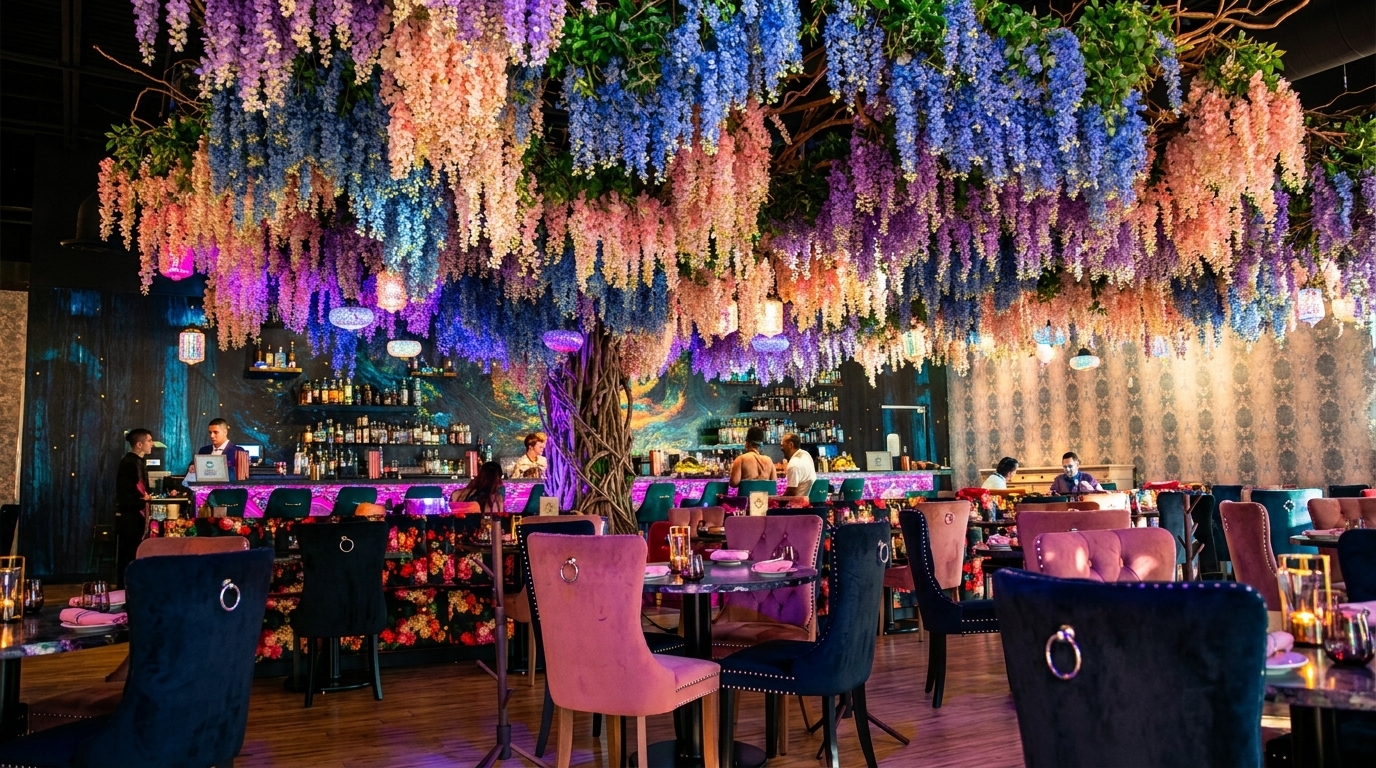 A vibrant restaurant interior with colorful wisteria hanging from the ceiling, a bar, and dining tables.