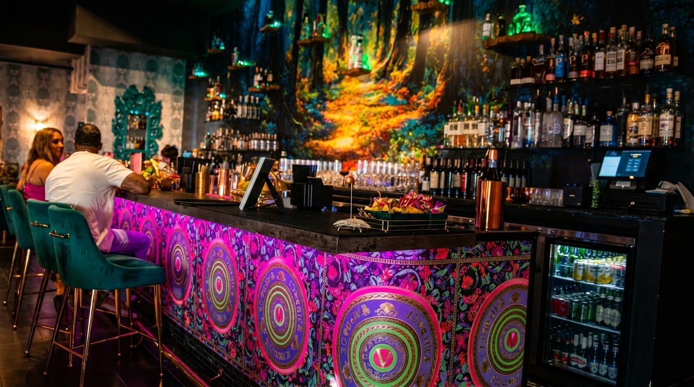 Vibrant bar with a colorful, illuminated counter, velvet stools, and a forest mural behind bottles.