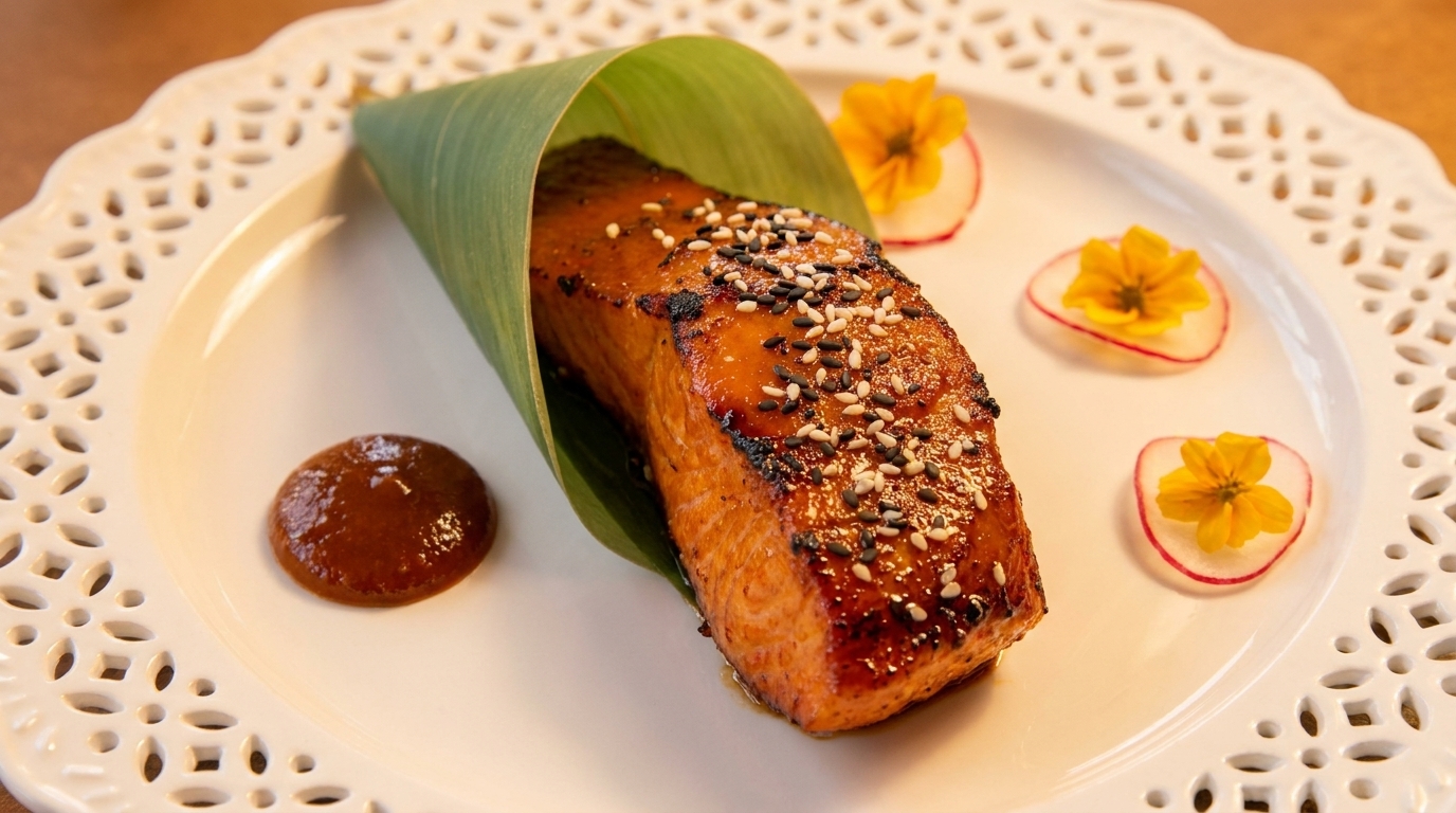 Glazed salmon with sesame seeds, wrapped in a banana leaf, with sauce and radish garnishes.