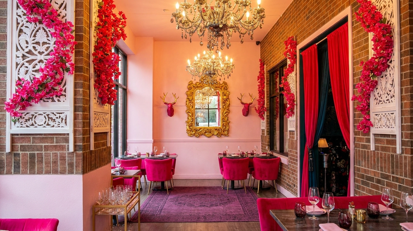 A vibrant restaurant interior with pink walls, red velvet chairs, ornate chandeliers, and floral decor.