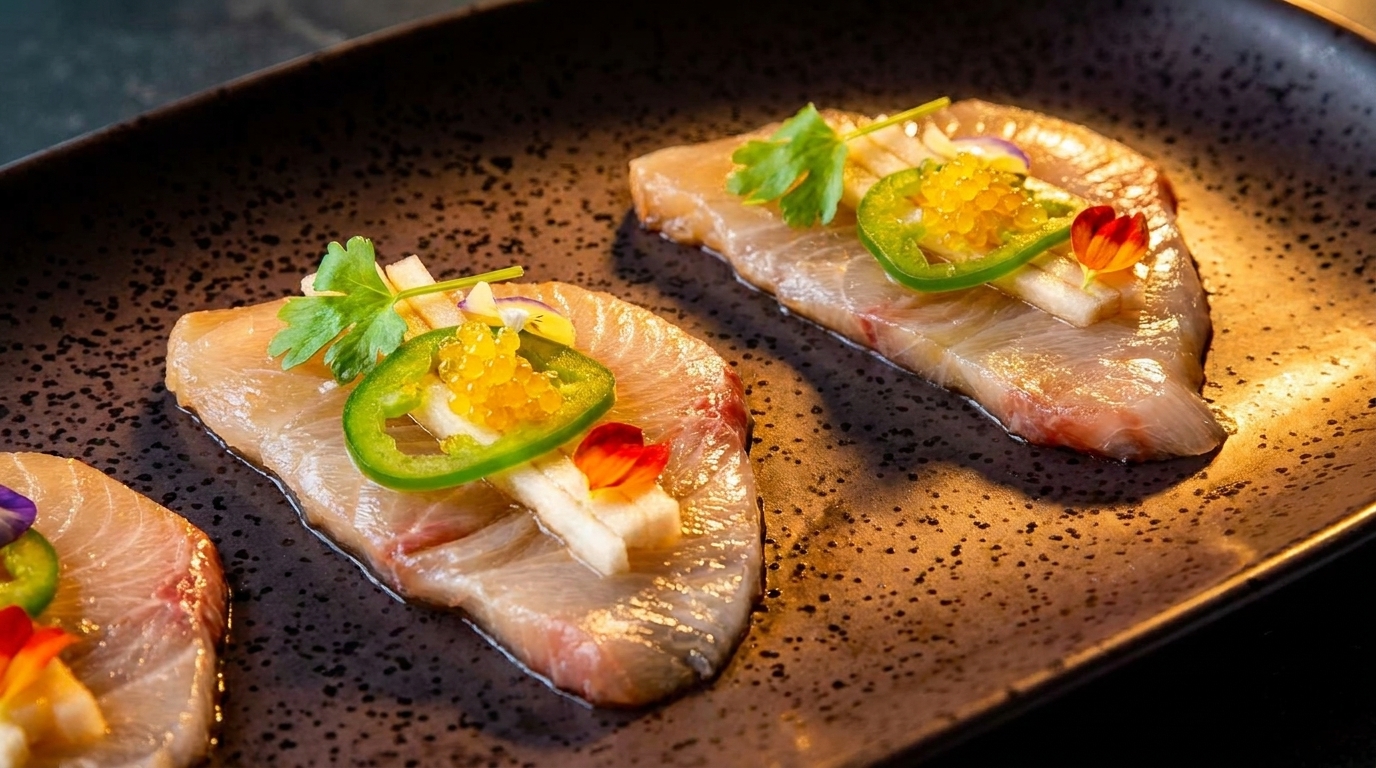 Three pieces of sashimi with jalapeño, fish roe, and herbs on a dark speckled plate.