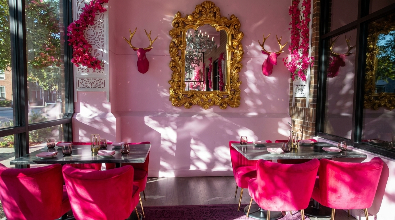 Pink restaurant interior with hot pink chairs, marble tables, a gold mirror, and floral decor.