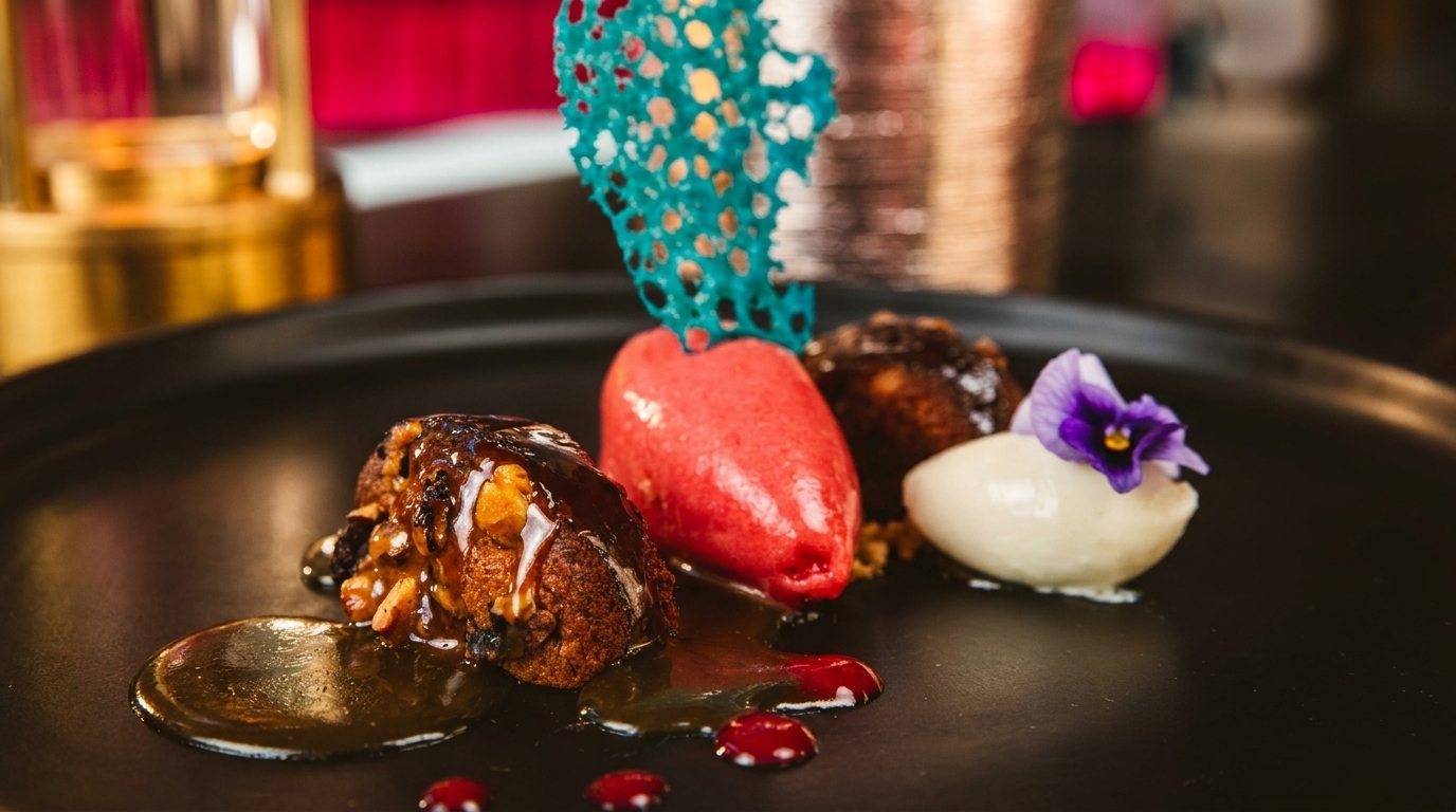 Gourmet dessert with cake, red sorbet, white ice cream, and a purple flower on a black plate.
