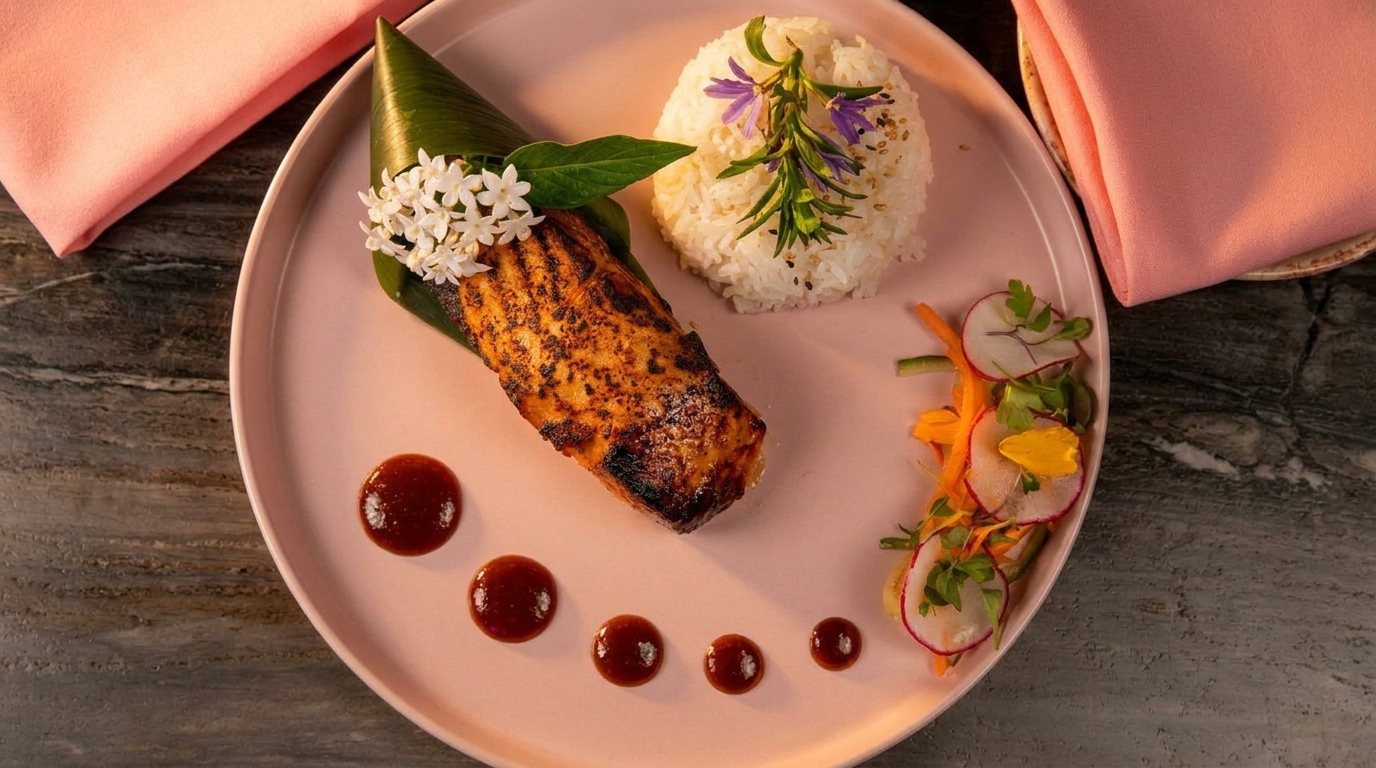 Grilled fish with rice, sauce dots, and a side salad on a pink plate.