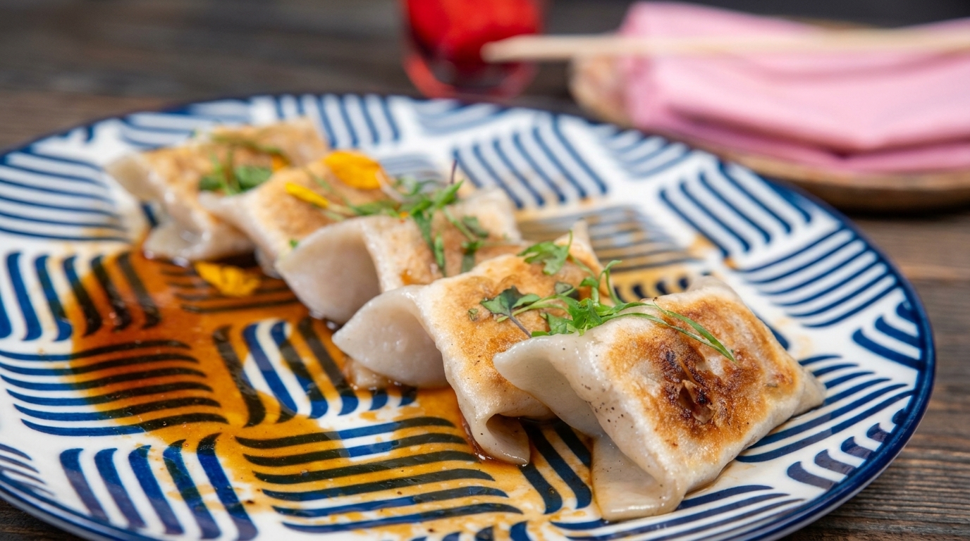 Pan-fried dumplings with sauce and herbs on a blue and white patterned plate.