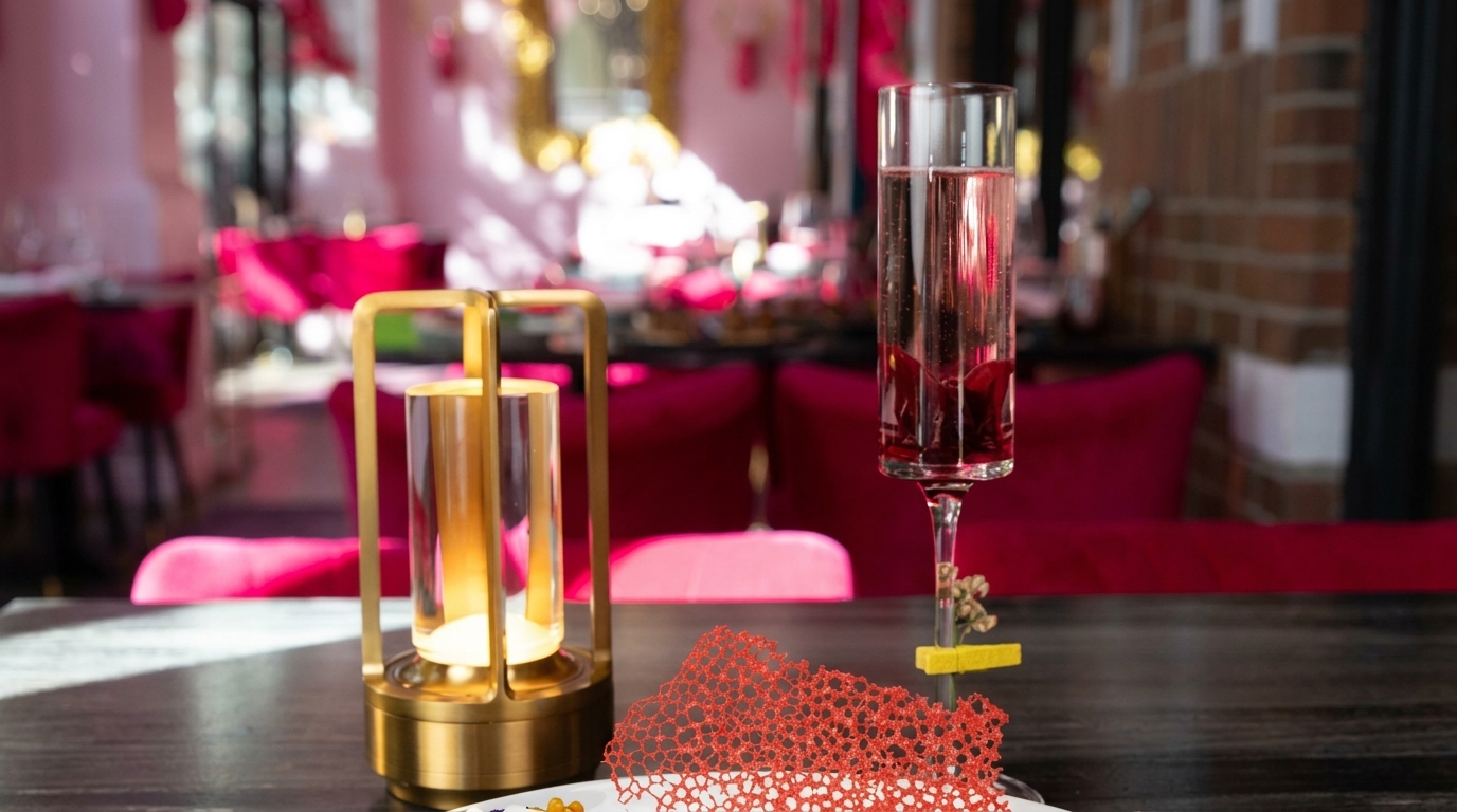 A pink cocktail and a golden lantern on a table in a vibrant pink restaurant setting.