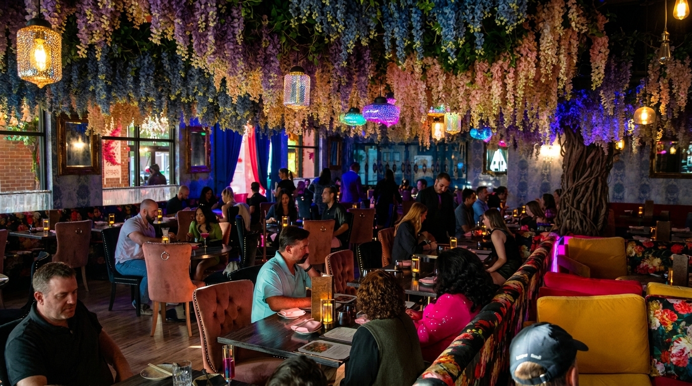 A vibrant restaurant interior with diners, colorful floral ceiling decor, and ornate lighting fixtures.