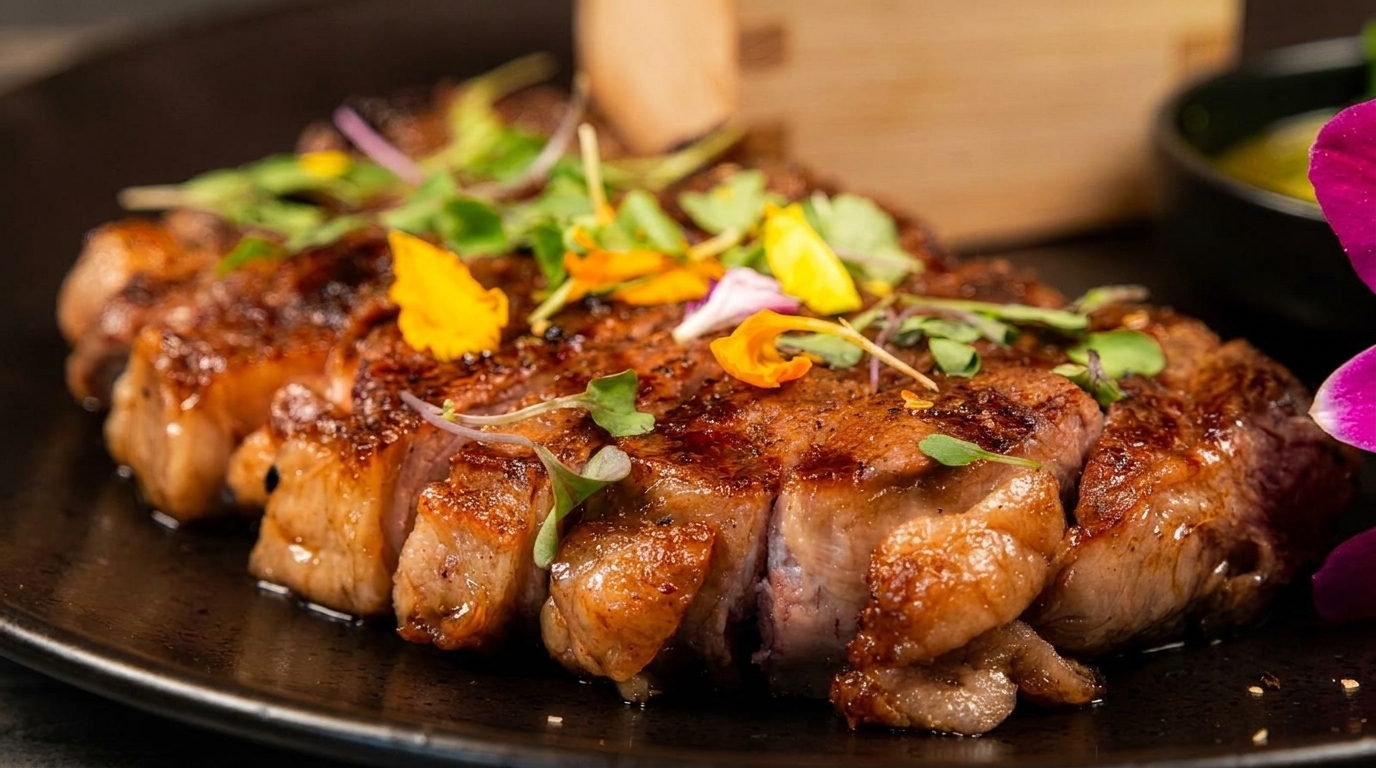Sliced grilled steak garnished with microgreens and edible flowers on a dark plate.