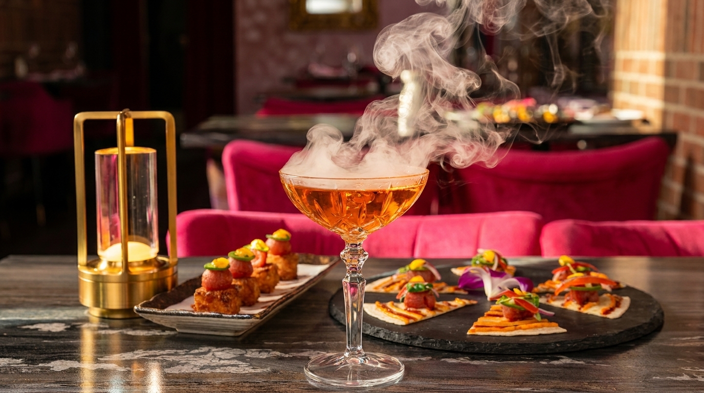 Smoking cocktail with appetizers on a dark table, pink chairs in the background.