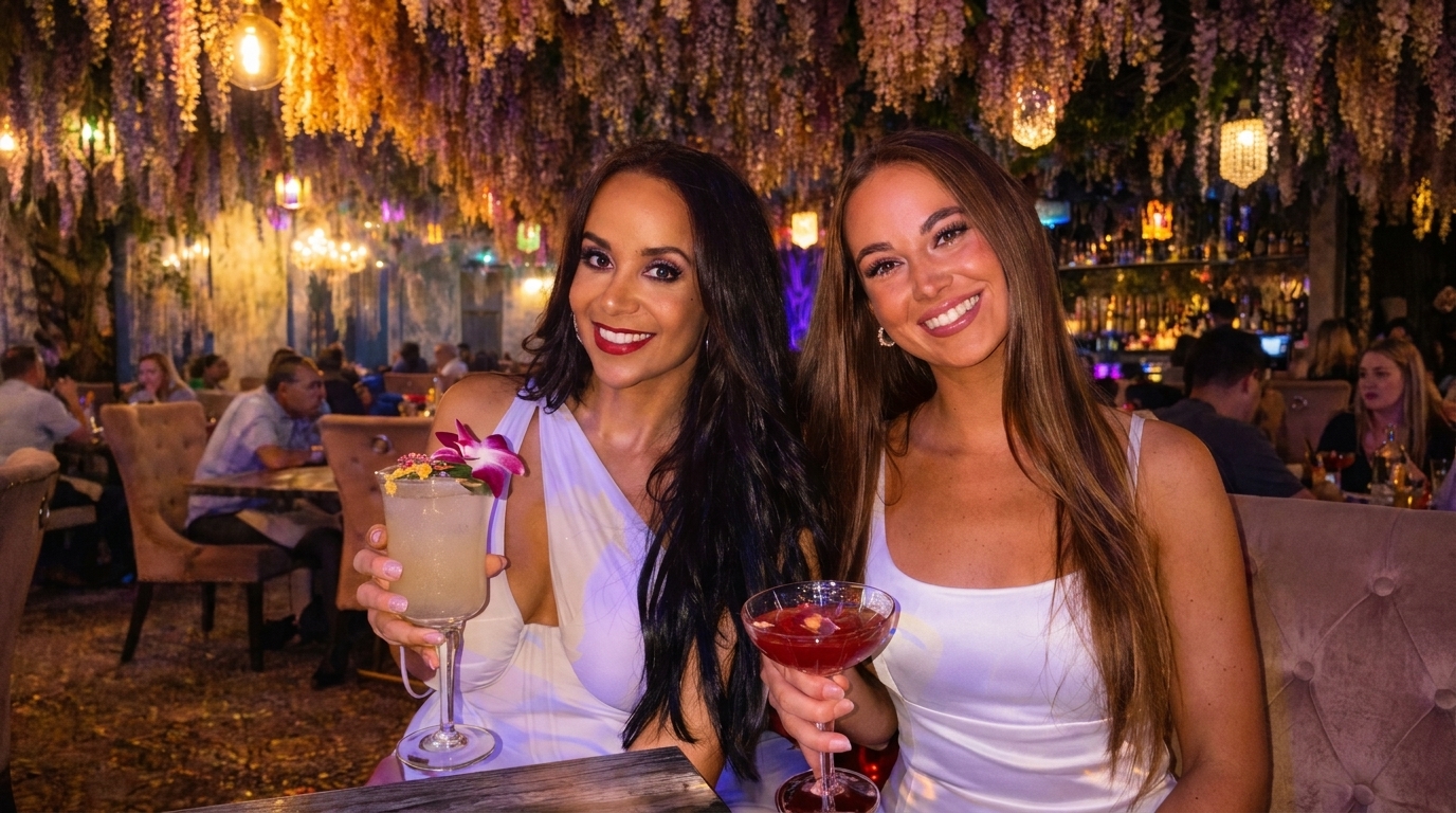 Two women in white dresses holding cocktails in a restaurant with hanging floral decor.