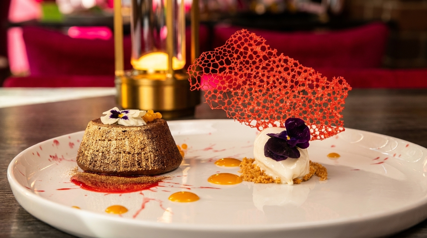 A gold-dusted chocolate lava cake and vanilla ice cream with a red sugar tuile on a white plate.