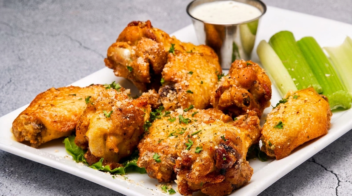 Crispy chicken wings topped with parmesan and parsley, served with celery sticks and ranch dip.