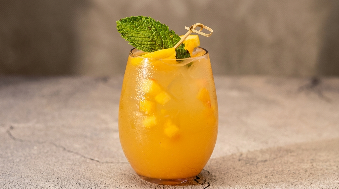 A refreshing orange cocktail with ice, fruit chunks, and a mint garnish on a light grey surface.