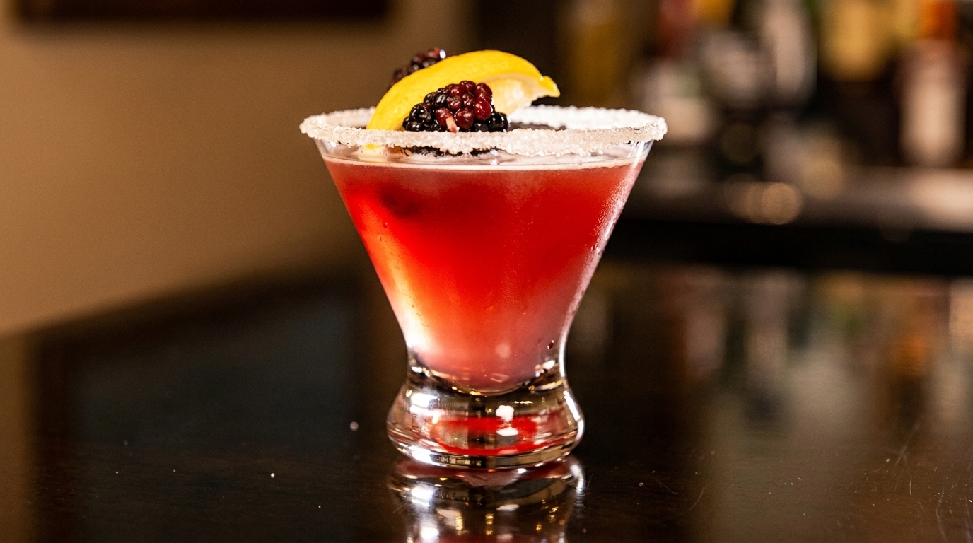 A vibrant red cocktail in a sugar-rimmed martini glass, garnished with blackberries and a lemon slice.