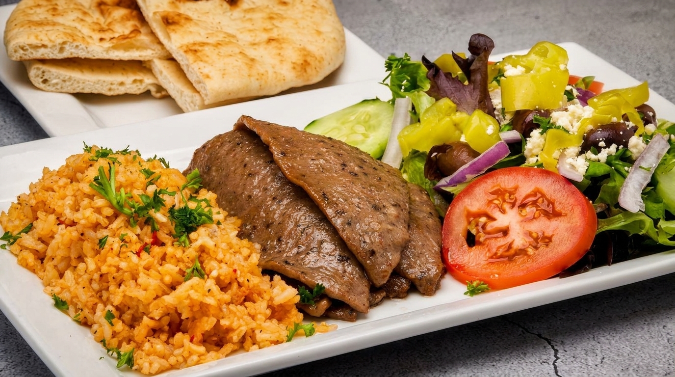 A gyro platter with sliced meat, rice, Greek salad, and pita bread on a white plate.