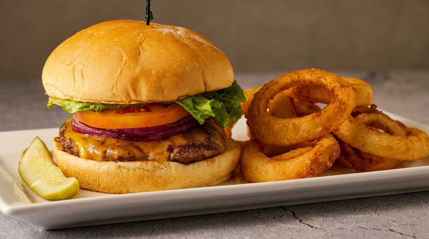 Cheeseburger with lettuce, tomato, onion, and a side of golden onion rings and a pickle spear.