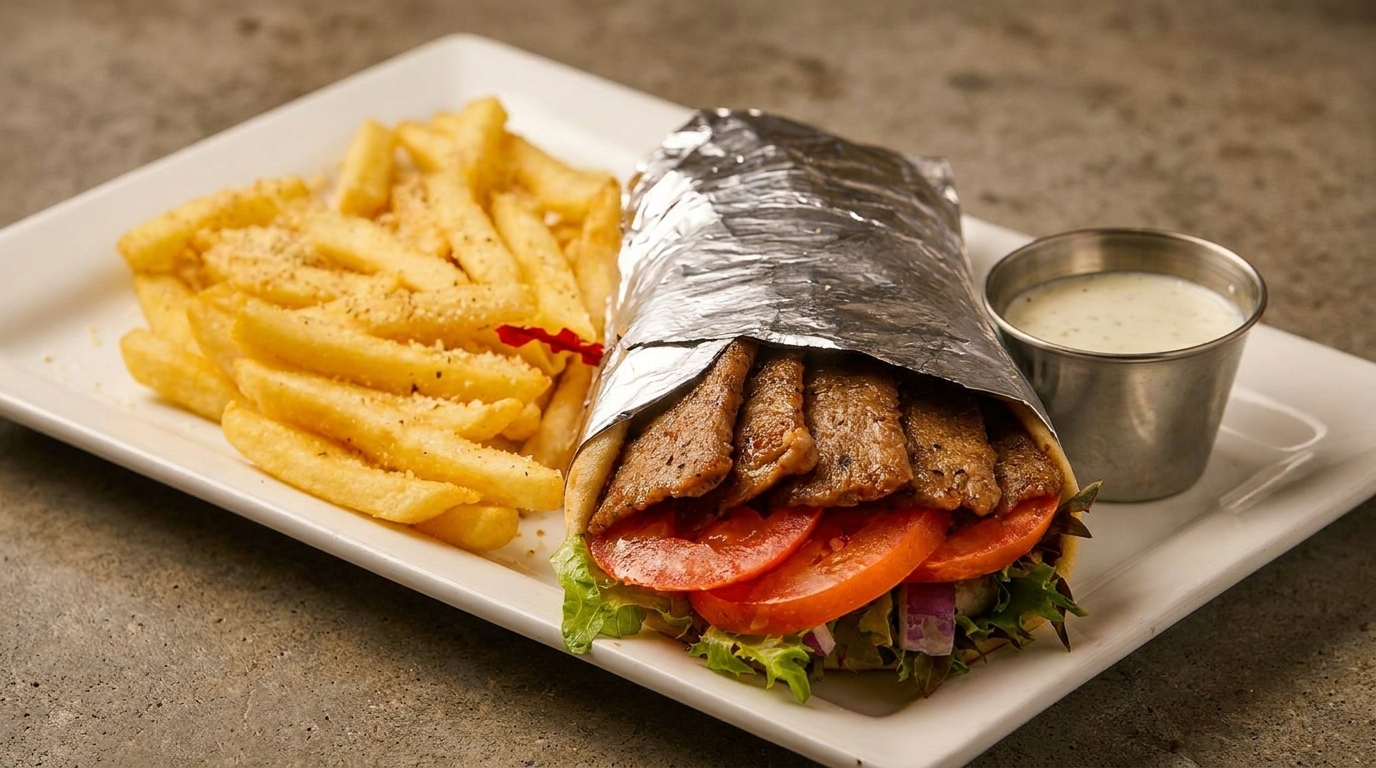 A gyro wrapped in foil with fries and a side of tzatziki sauce on a white plate.