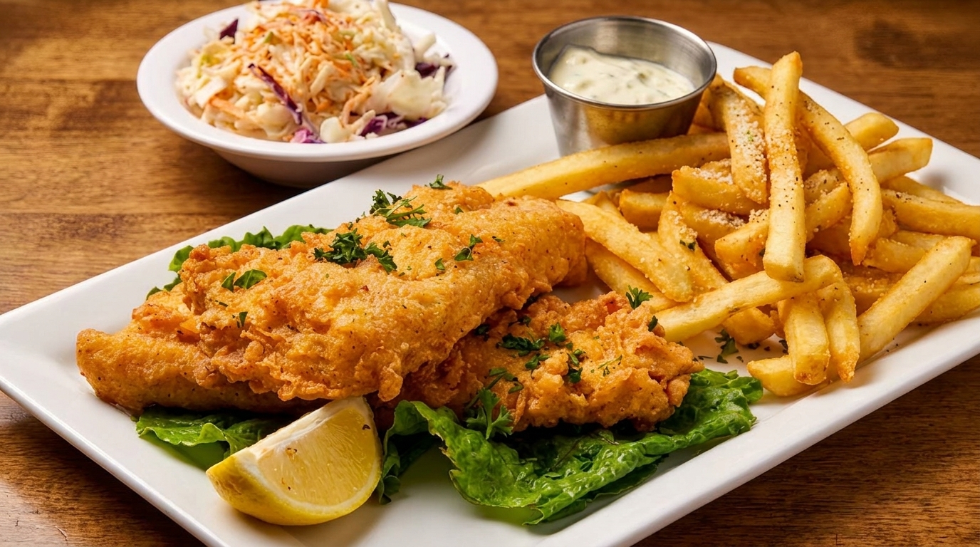 Crispy fried fish with a lemon wedge, french fries, tartar sauce, and coleslaw on a white plate.