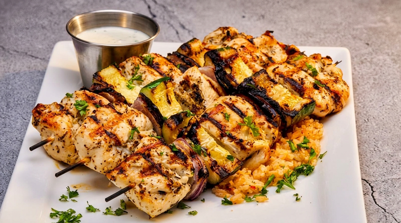 Grilled chicken and vegetable skewers with rice and a side of dipping sauce on a white plate.