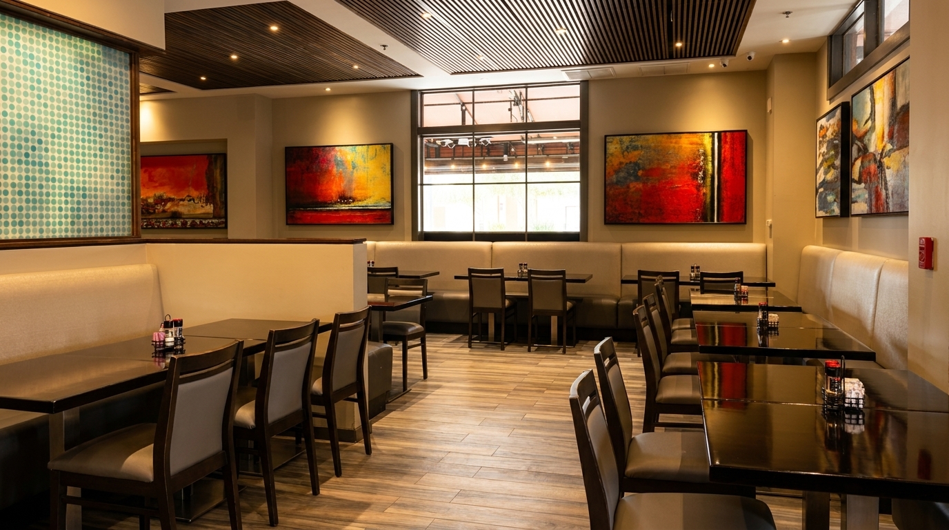 A spacious, modern restaurant dining room with dark tables, light booths, and colorful abstract art.