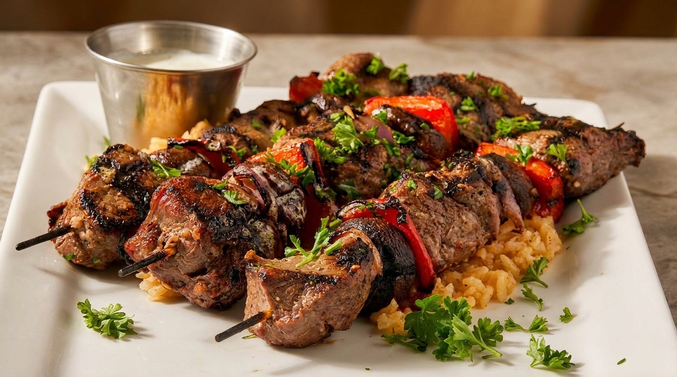 Grilled meat and vegetable skewers with rice and a side of white sauce on a white plate.