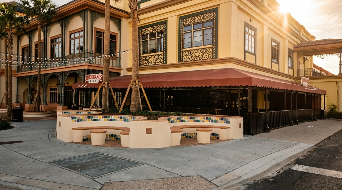 Amerikanos Grille restaurant exterior with a red awning, outdoor seating, and palm trees at sunset.