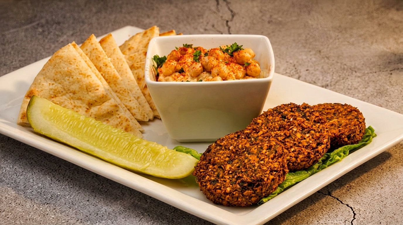 A white plate with falafel, hummus, pita bread, and a pickle spear on a dark background.