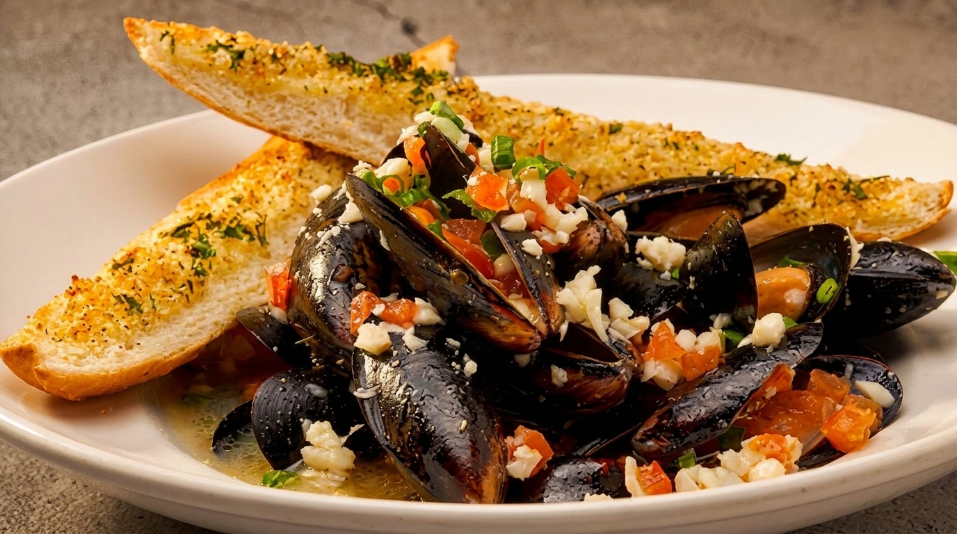 Steamed mussels in a white wine sauce, topped with diced tomatoes, garlic, and green onions, served with garlic bread.