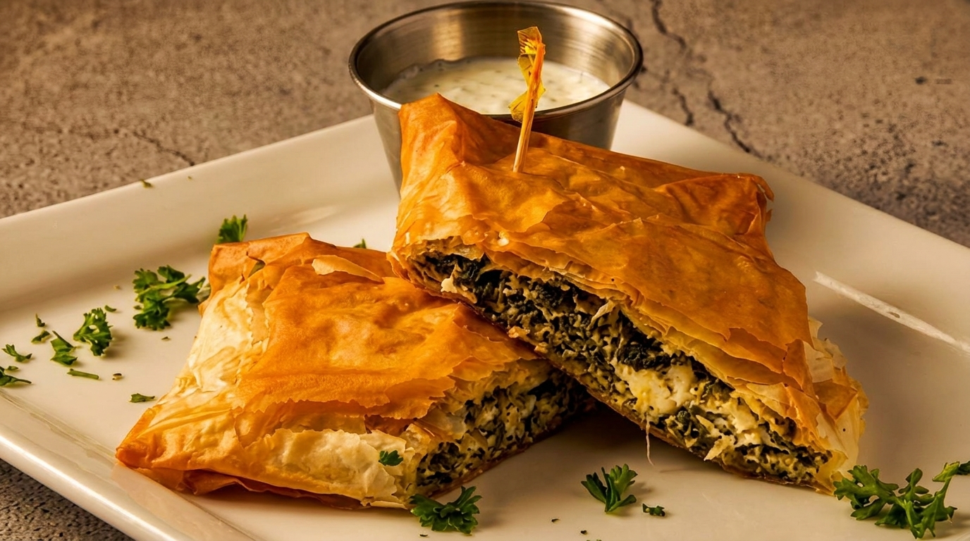Two golden-brown spanakopita triangles filled with spinach and feta, served with a side of tzatziki.