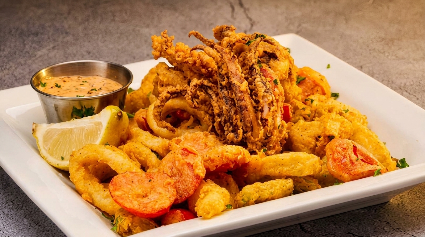Crispy fried calamari, shrimp, and vegetables with a side of dipping sauce and lemon.