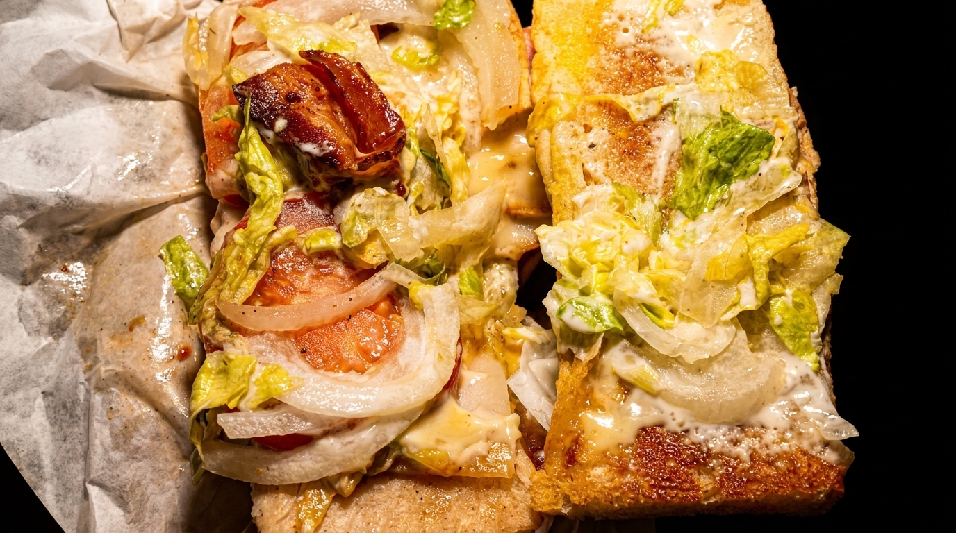 Close-up of a messy sub sandwich with bacon, lettuce, tomatoes, onions, and sauce on toasted bread.