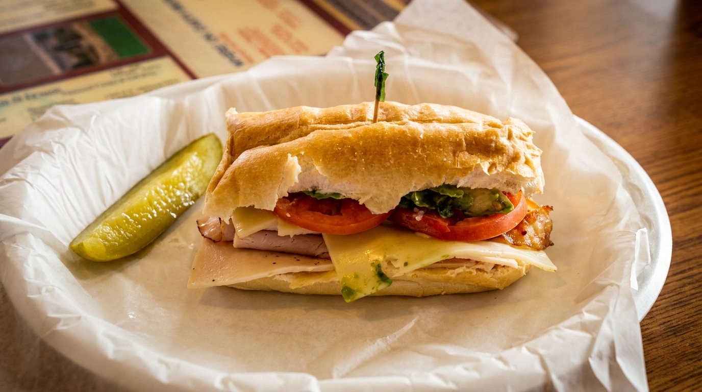 A deli sandwich with turkey, cheese, tomato, avocado, and bacon, served with a pickle.