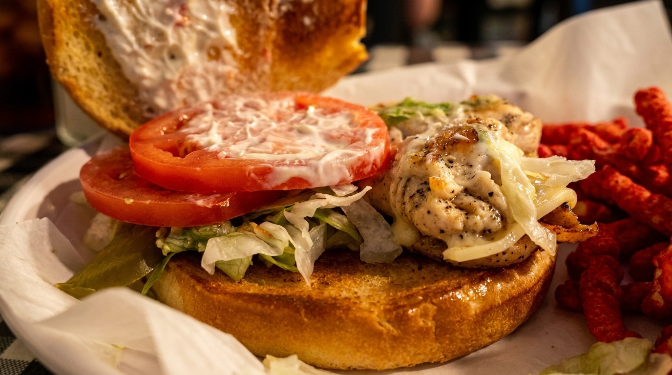 Grilled chicken sandwich with lettuce, tomato, and mayonnaise, served with red crunchy snacks.