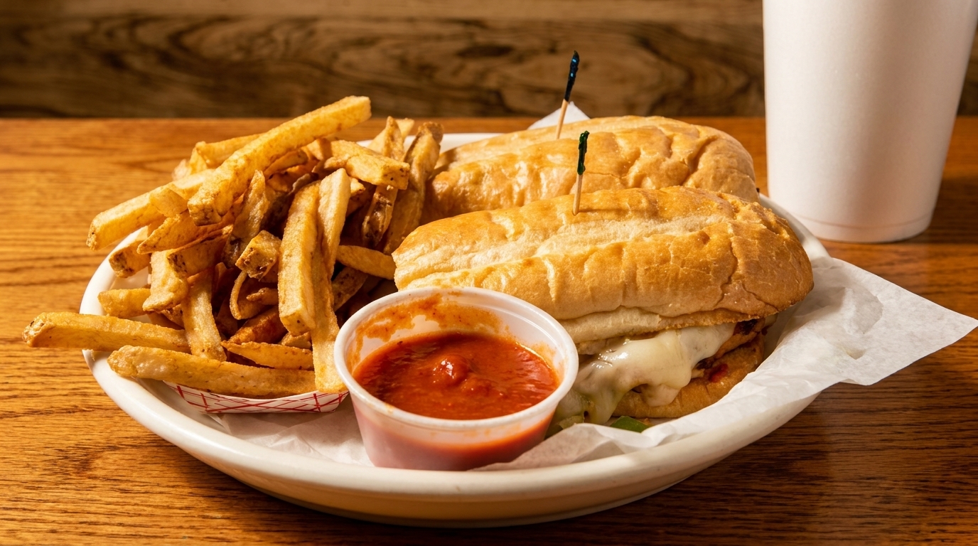 Two cheesy subs with a side of golden fries and marinara sauce on a white plate.