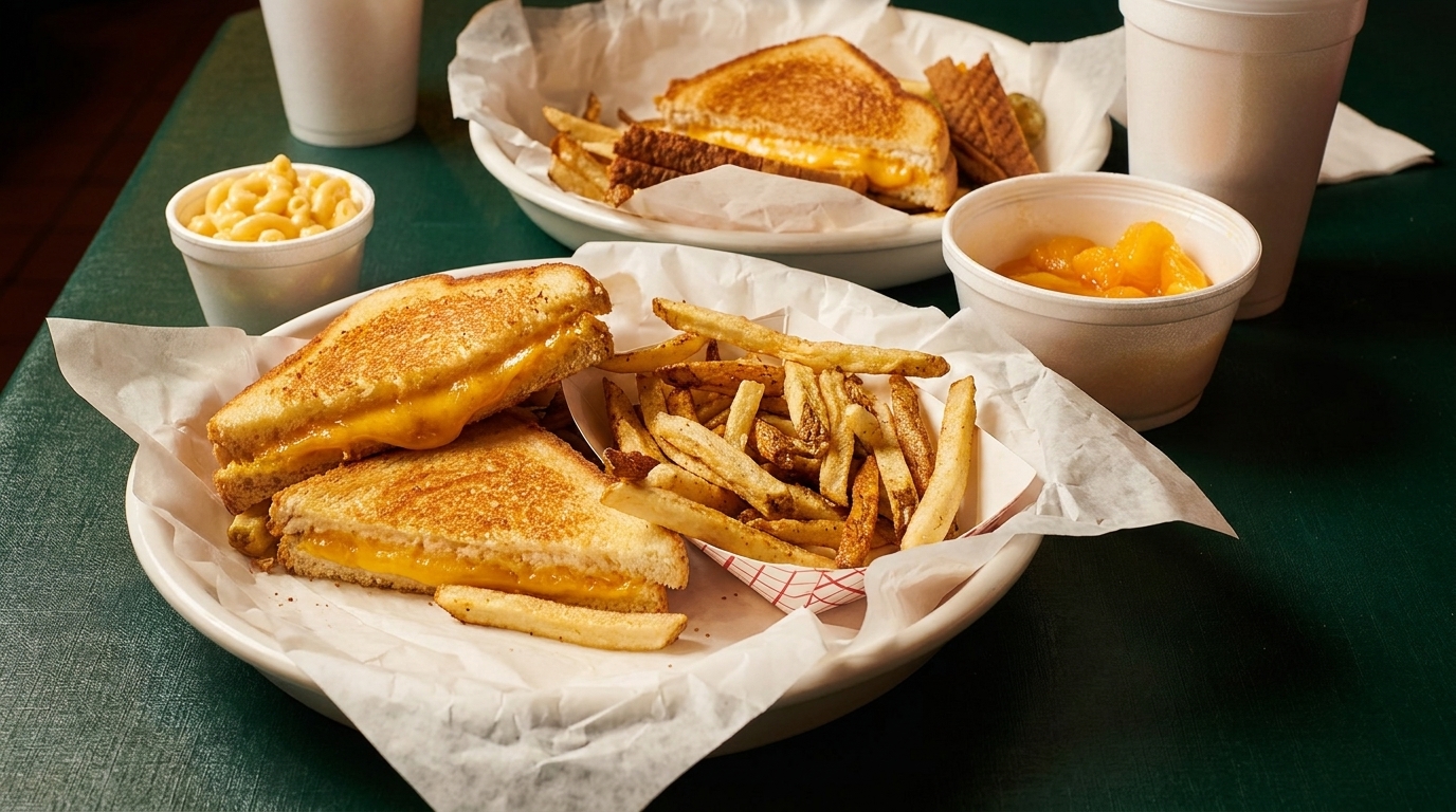 Two plates of grilled cheese sandwiches and fries, with sides of mac and cheese and peaches.