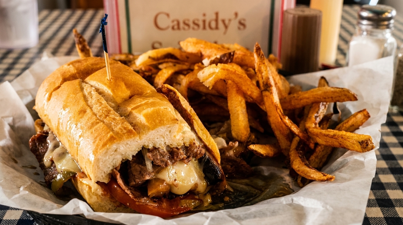 Cheesesteak sandwich with melted cheese, peppers, and onions, served with a side of fries.