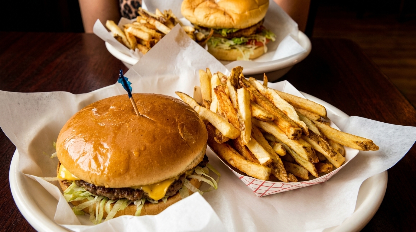 Two cheeseburgers with shredded lettuce and golden french fries on white plates.