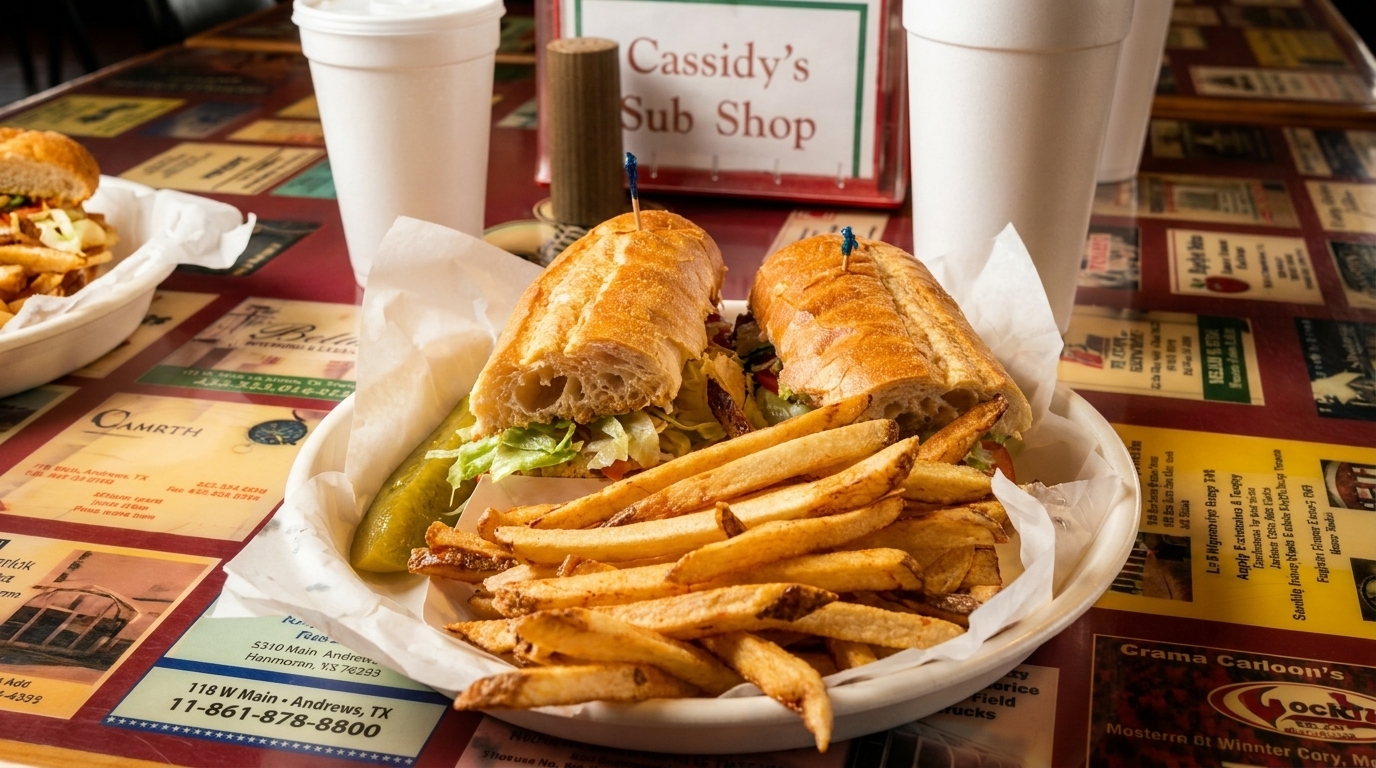 A Cassidy's Sub Shop sub sandwich with fries and a pickle on a table with business cards.