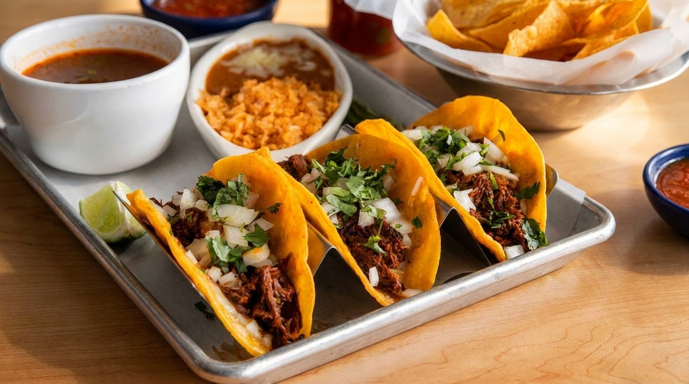 Three birria tacos with cilantro and onions, served with consommé, rice, beans, and chips.