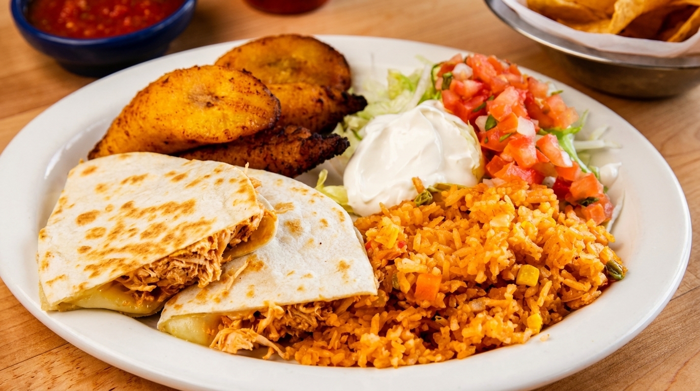 A white plate holds chicken quesadillas, rice, plantains, pico de gallo, and sour cream.