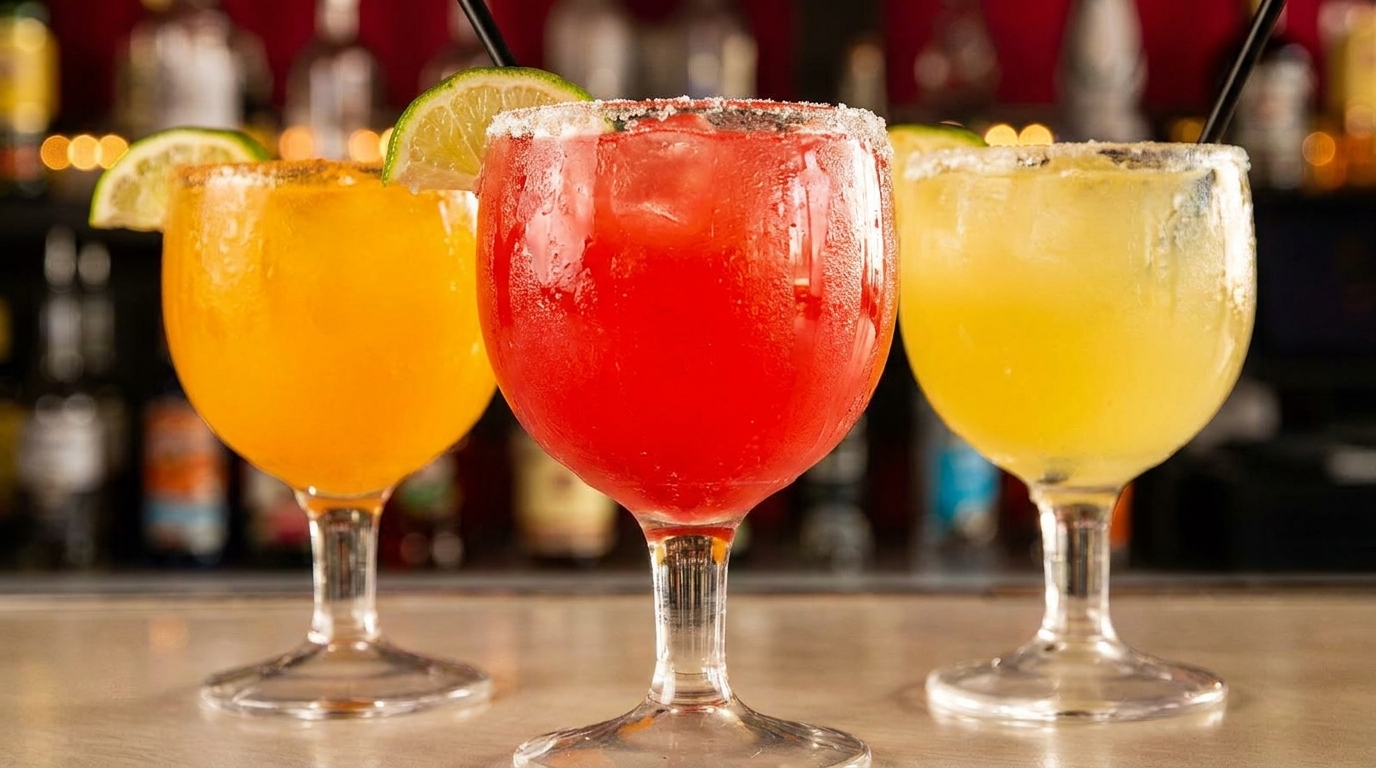 Three colorful margaritas, red, orange, and yellow, garnished with lime and salt on a bar.