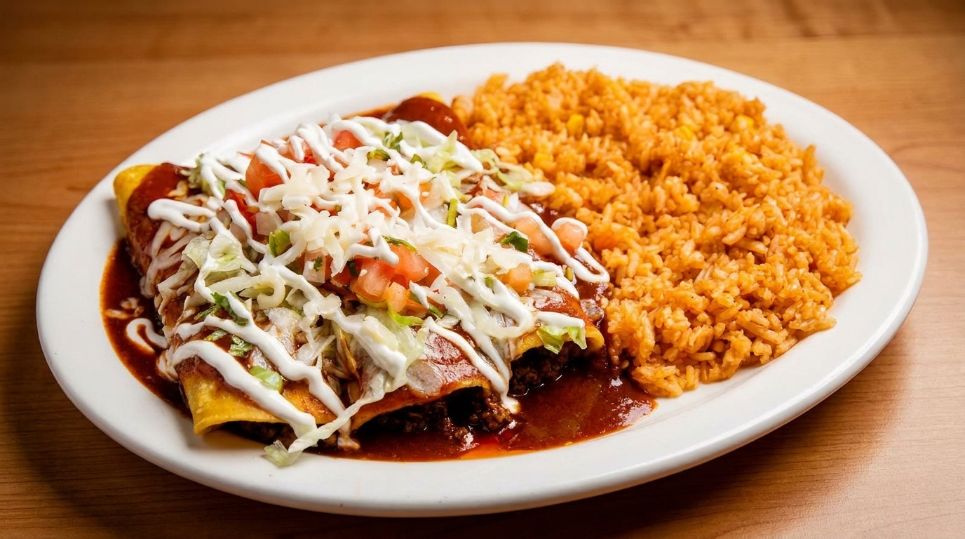 Three enchiladas topped with sour cream, lettuce, tomatoes, and cheese, served with a side of Spanish rice.