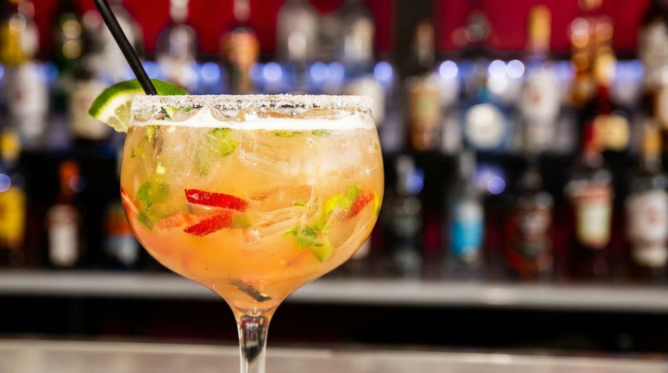 A large margarita with strawberries, mint, and a lime wedge, in front of a blurred bar.