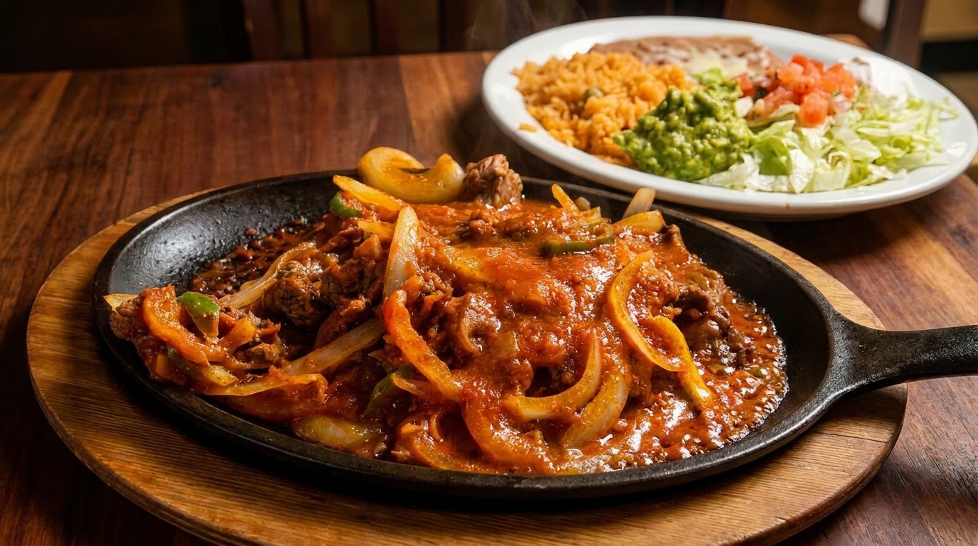 Sizzling fajitas with steak, onions, and peppers, served with rice, beans, guacamole, and salad.