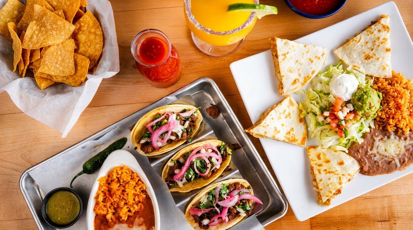 Overhead view of a Mexican feast with tacos, quesadillas, rice, beans, chips, salsa, and a margarita.