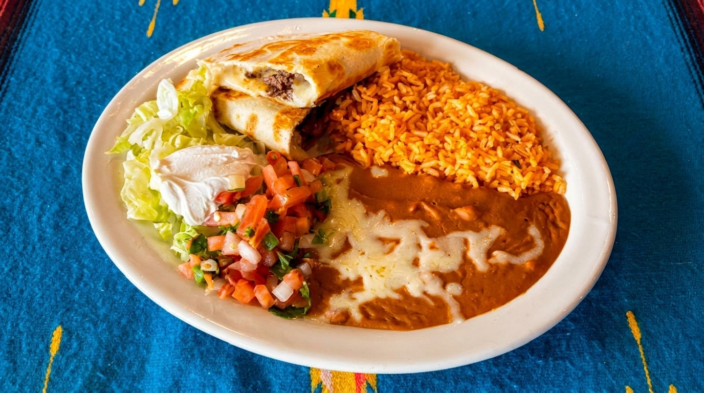 A plate of Mexican food with two burritos, rice, refried beans, lettuce, sour cream, and pico de gallo.
