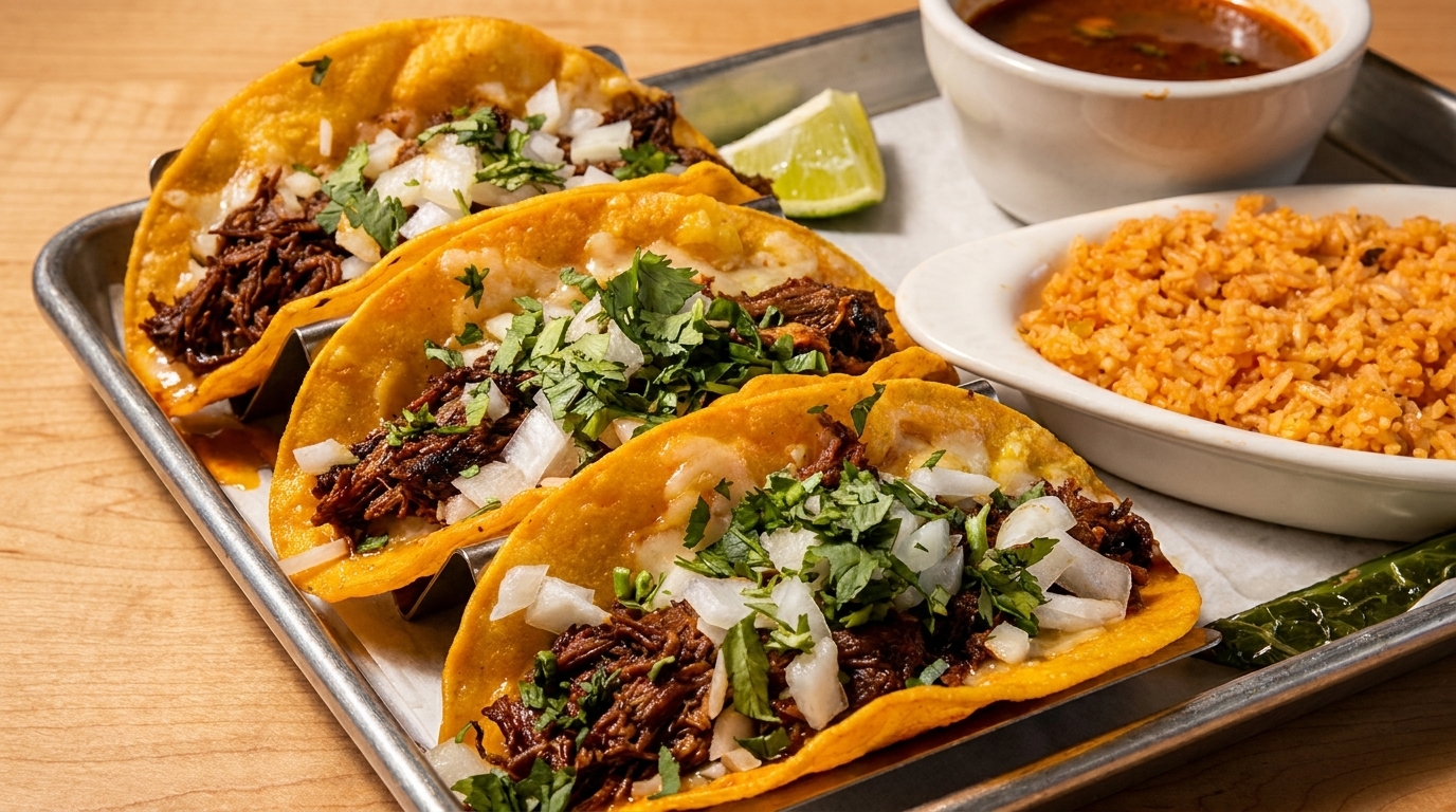 Three birria tacos with cilantro and onions, served with rice, consommé, and a lime wedge.