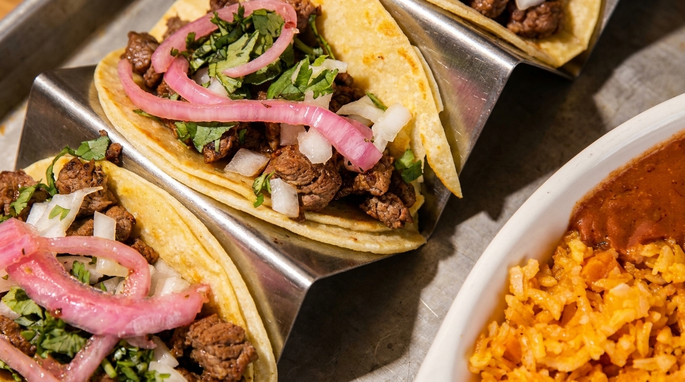 Three street tacos with steak, cilantro, onions, and pickled red onions, served with rice and beans.