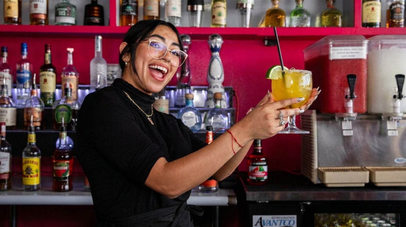 A smiling bartender in glasses holds up a margarita with a lime wedge at a bar.