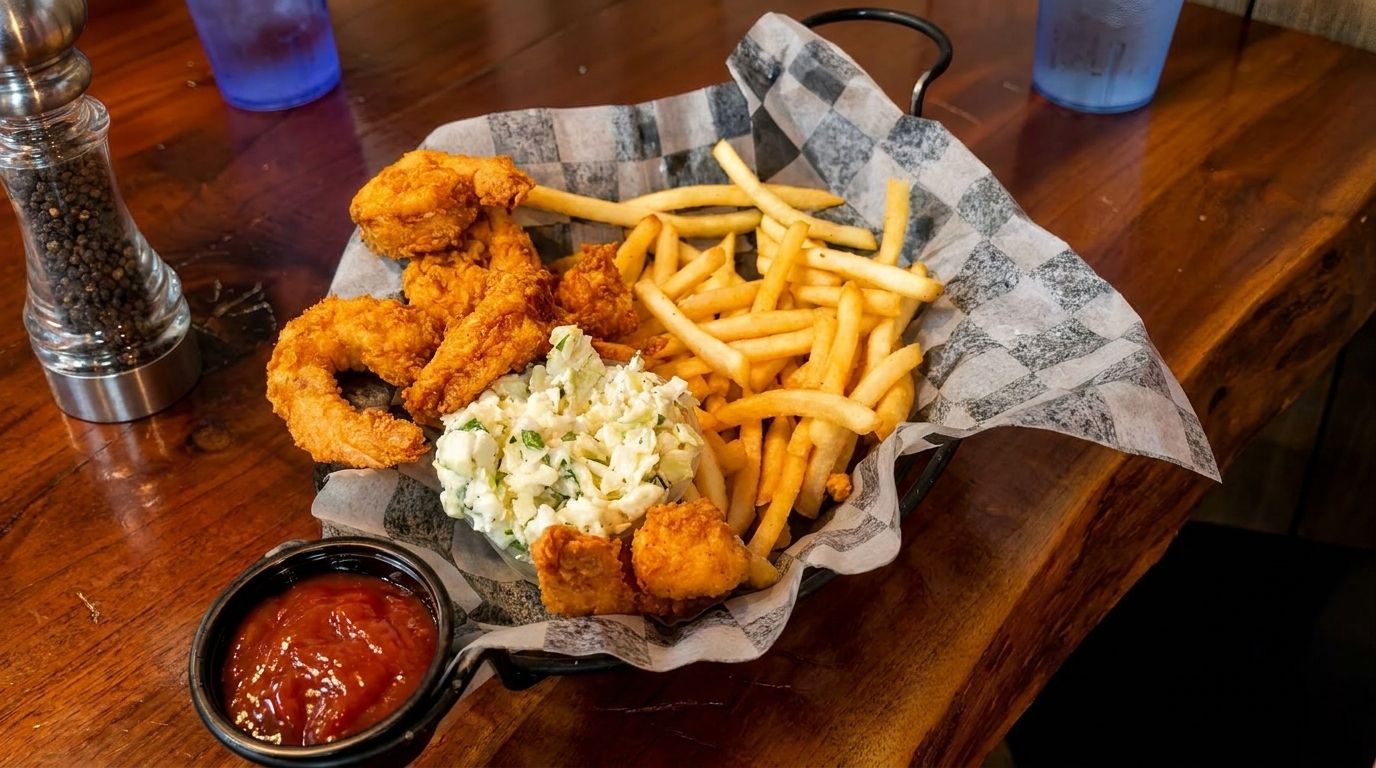 Fried shrimp, french fries, and coleslaw in a basket with ketchup and a pepper grinder.